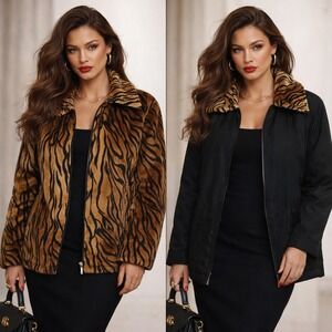 Something Special Reversible Jacket Womens S Faux Fur Tiger Print Y2K Statement